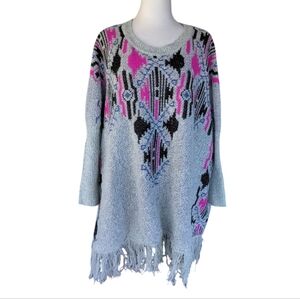 Umgee Oversized‎ Southwest Pattern Poncho Sweater Gray Pink Blue Size Large